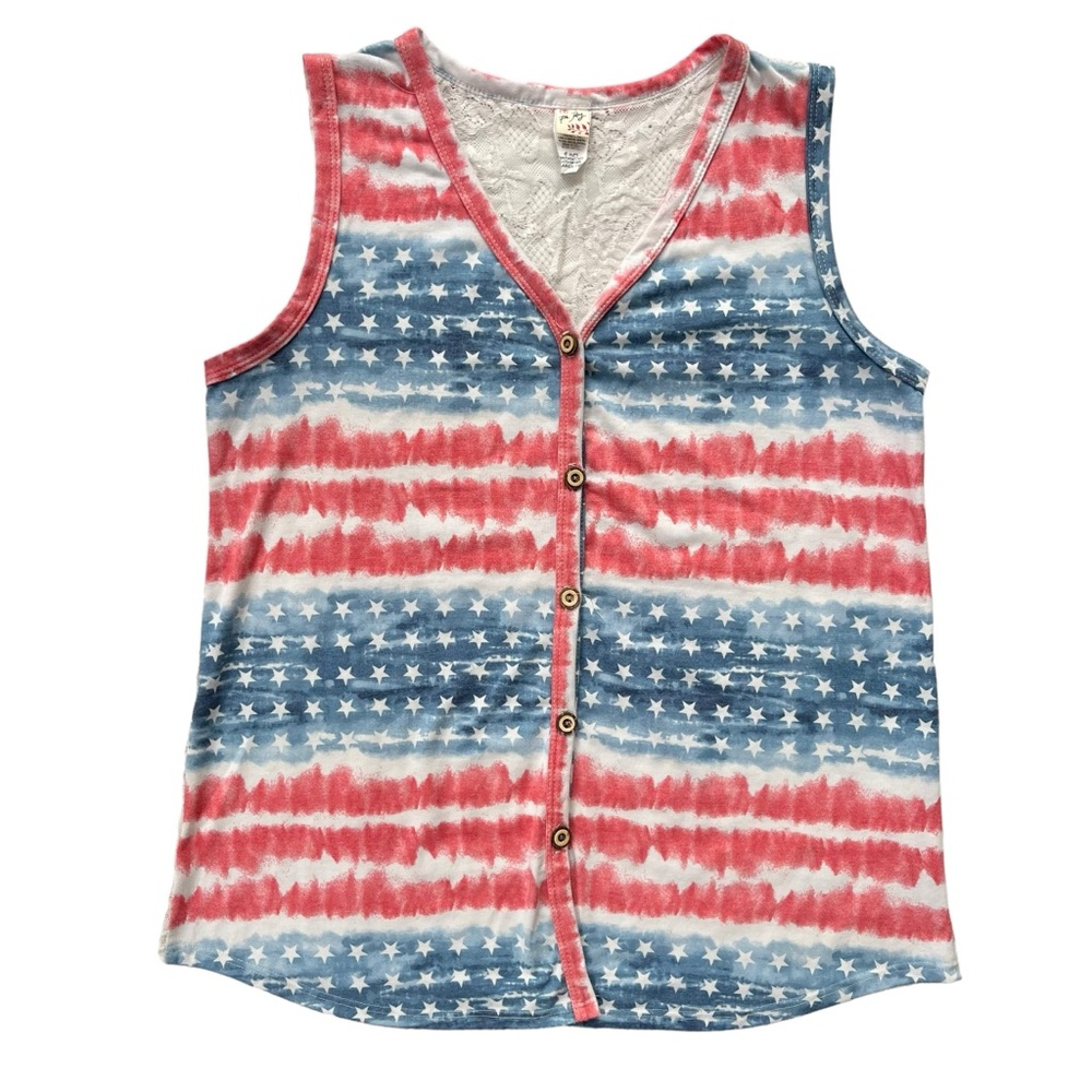 7th Ray Womens Sz Large Red White Blue Stars Stripes Lace Back Button Front Tank